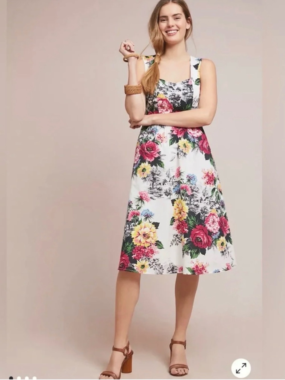 Anthropologie White 100% Cotton Feminine Midi Dress w/Pink & Yellow Floral Print